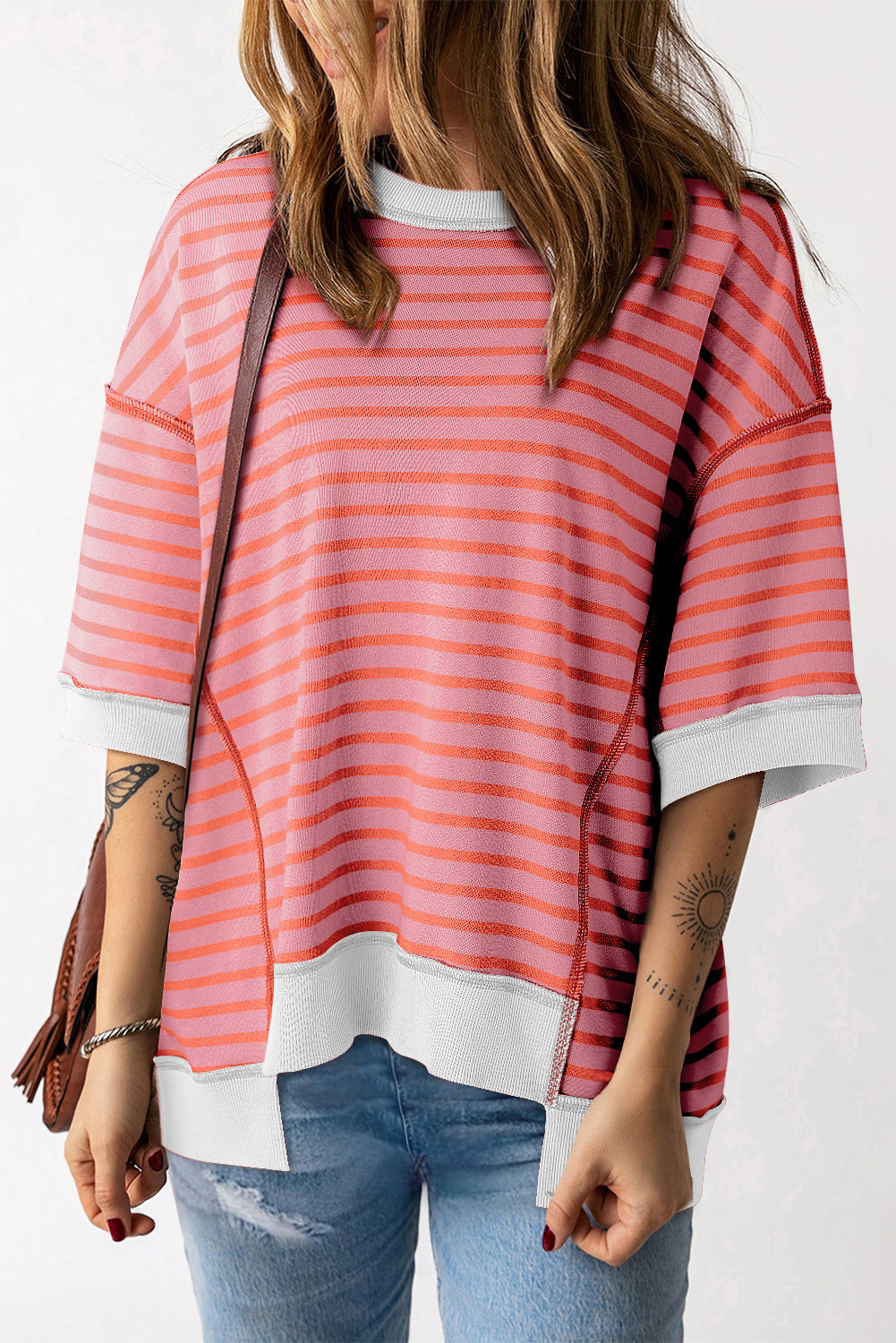 Stripe Colorblock Drop Sleeve Oversized T Shirt