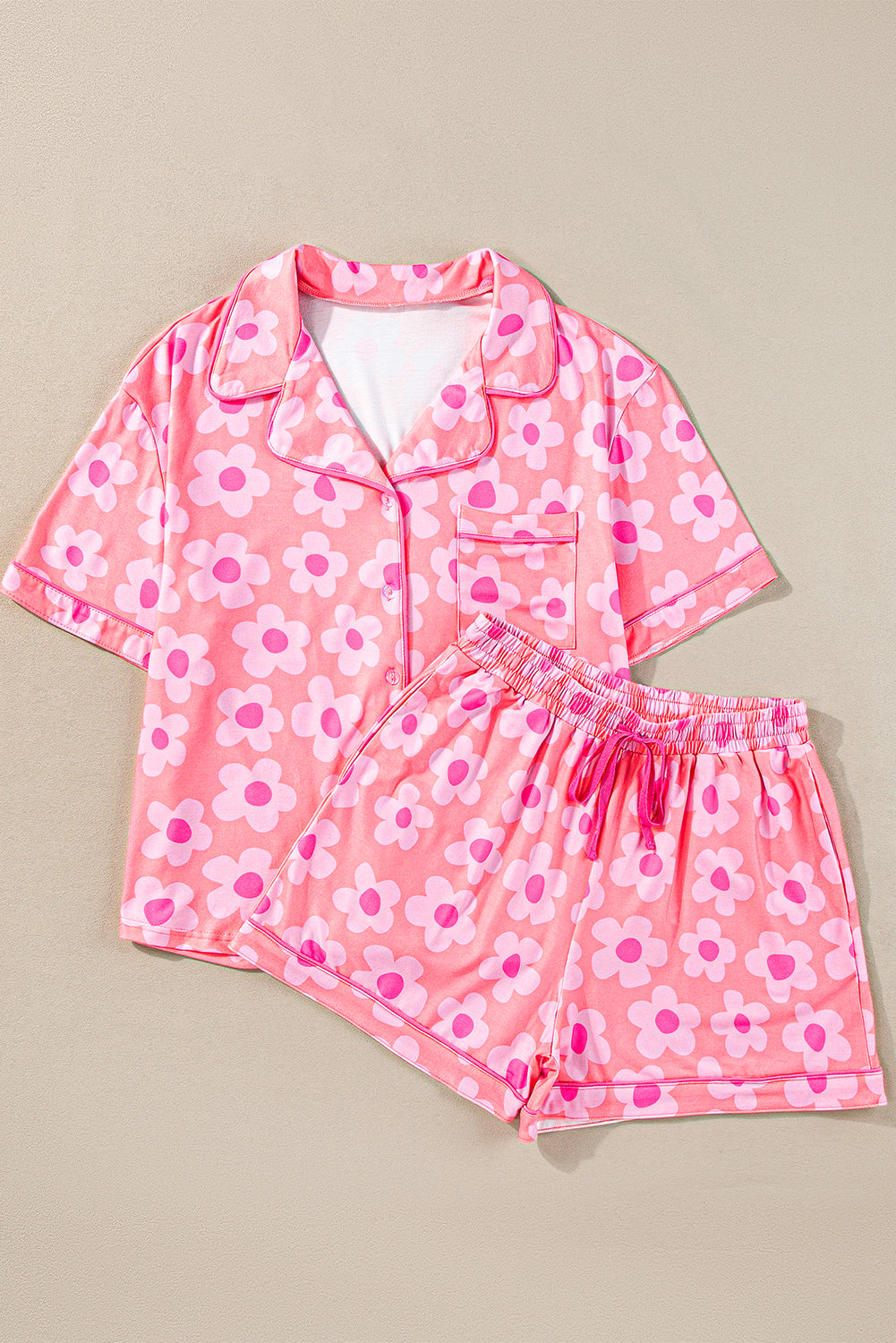 Pink 60s Flower Print Buttoned Shirt and Drawstring Waist Pajama Set