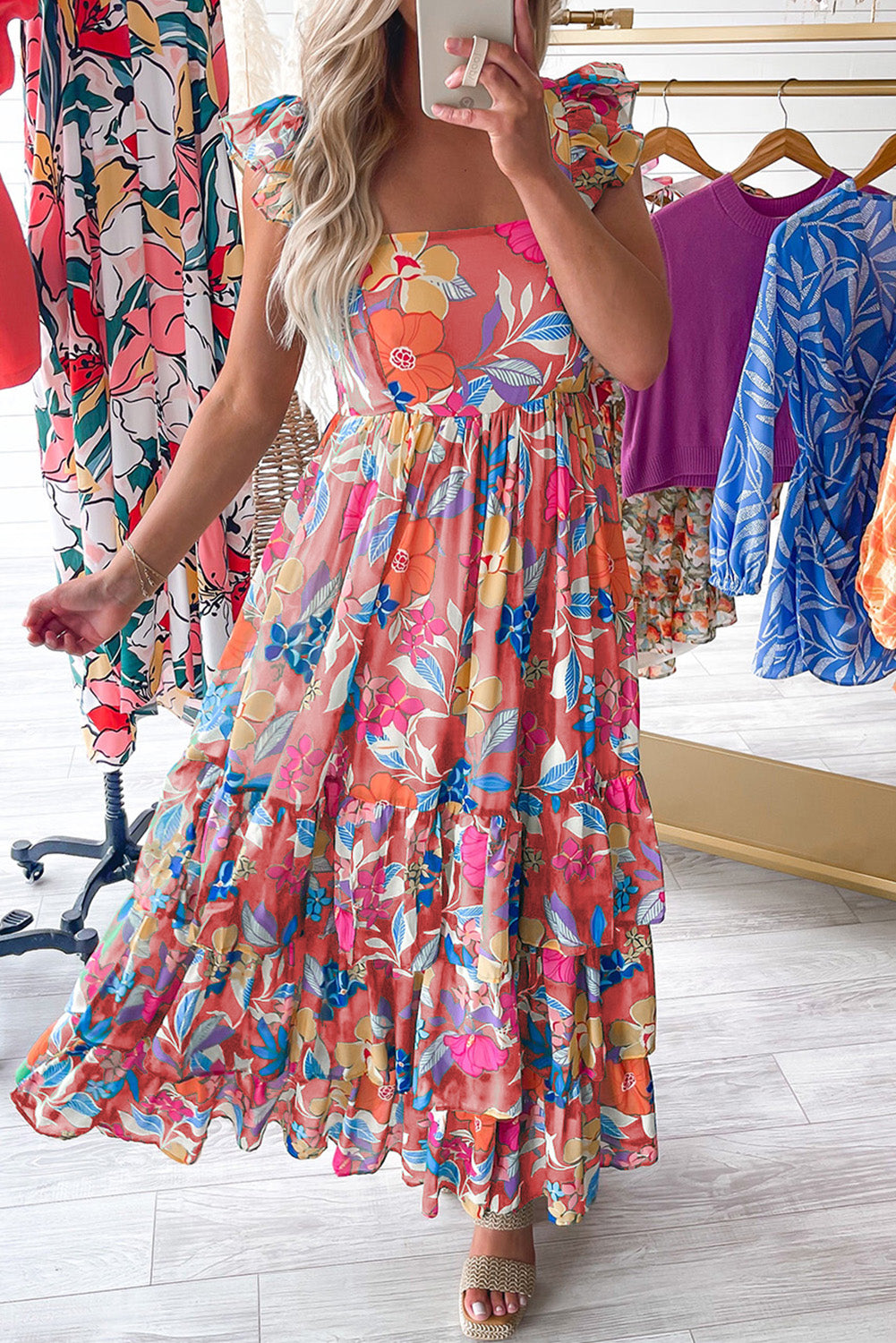 Boho Floral Print Ruffle Sleeveless Tiered Maxi Dress