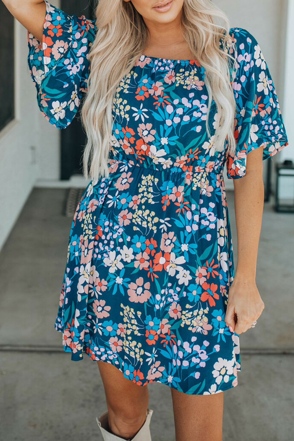 Bohemian Floral Print Off Shoulder Short Dress