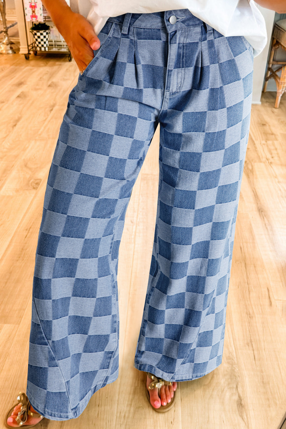 Checkered Light Washed Wide Leg Jeans