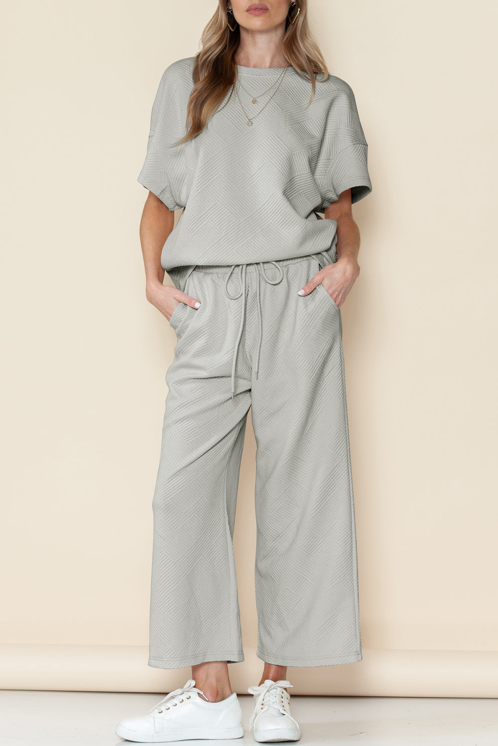 Textured Loose Fit T Shirt and Drawstring Pants Set