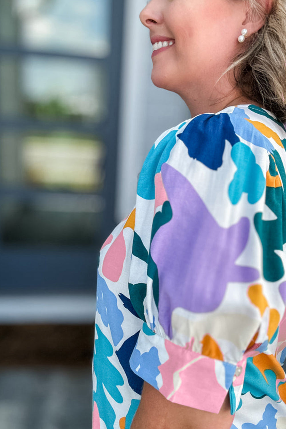 Sky Blue Plus Abstract Print Puff Short Sleeve V Neck Top