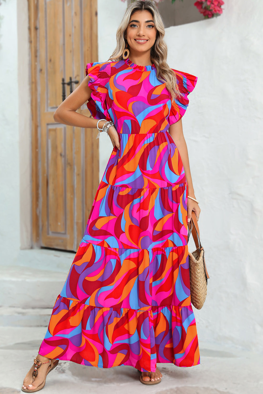 Orange Abstract Print High Waist Ruffle Tiered Maxi Dress