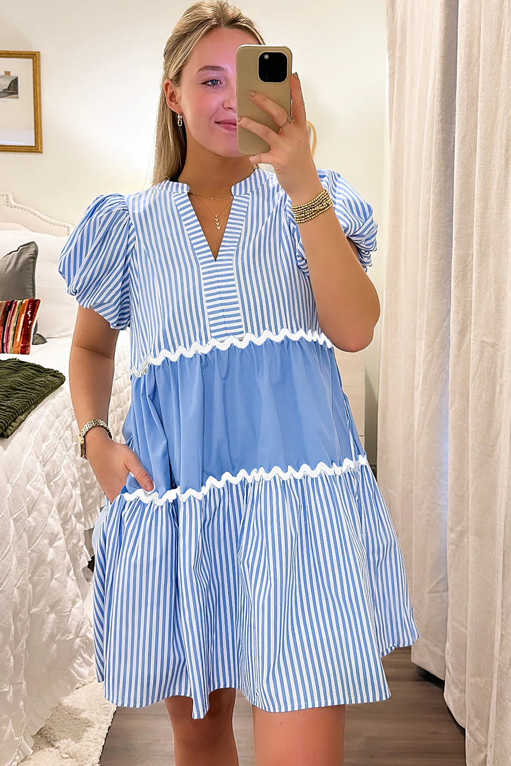 Sky Blue Striped Patchwork Puff Sleeve Pocketed Mini Dress