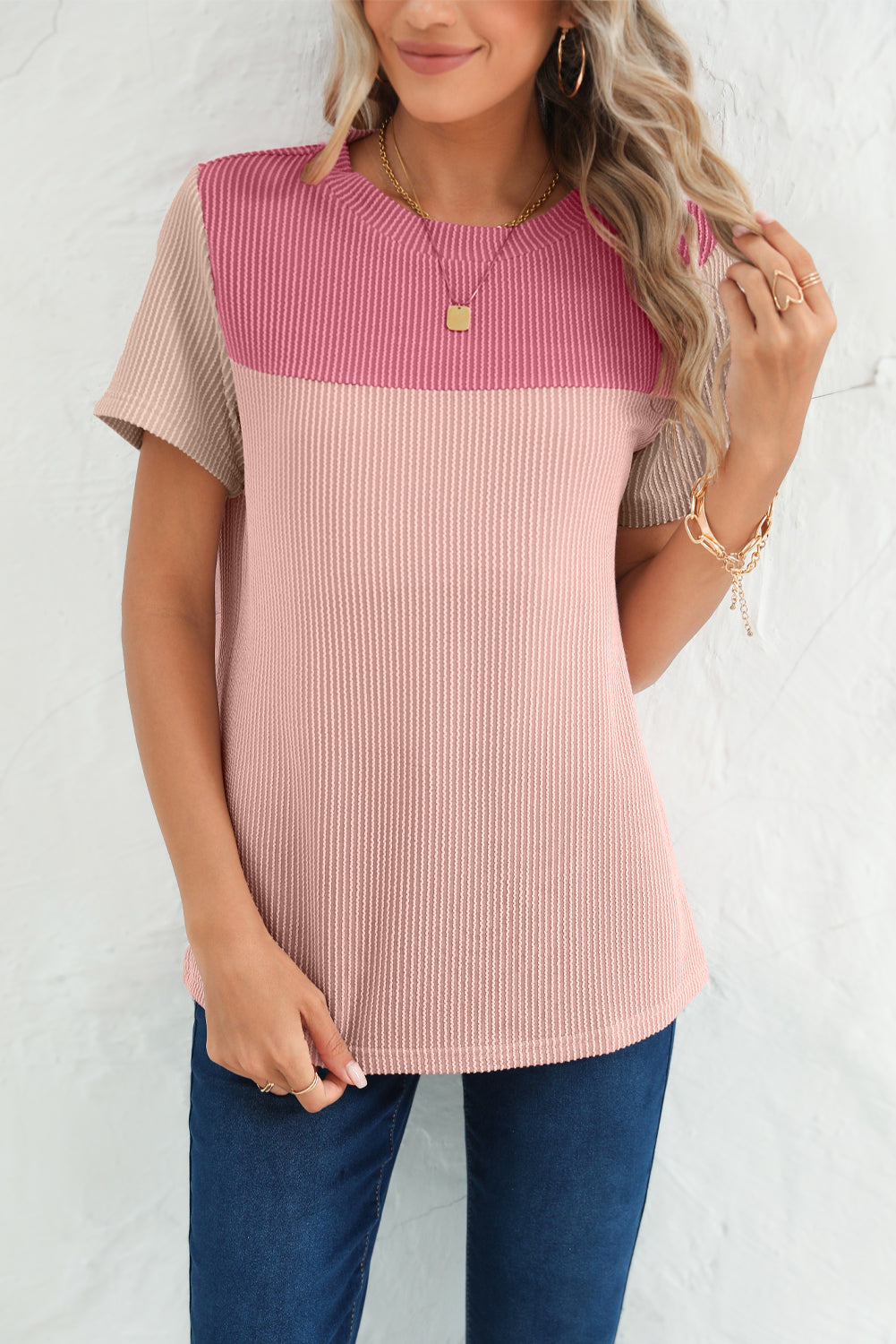 Ribbed Textured Colorblock T Shirt