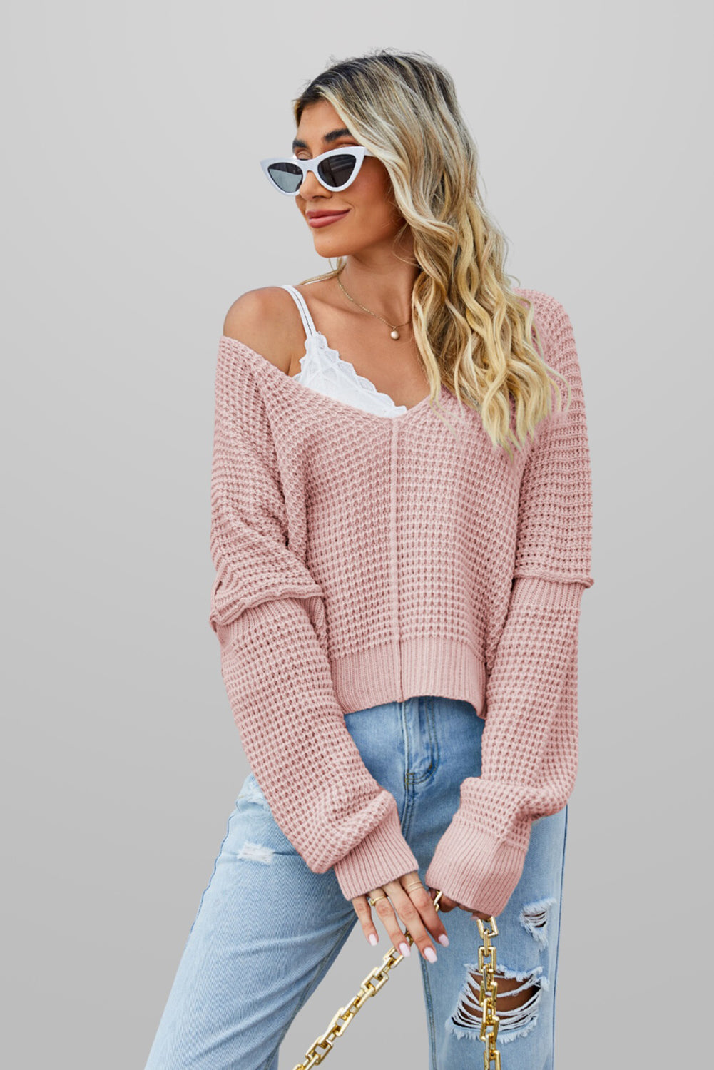 Waffle Knit V Neck Sweater