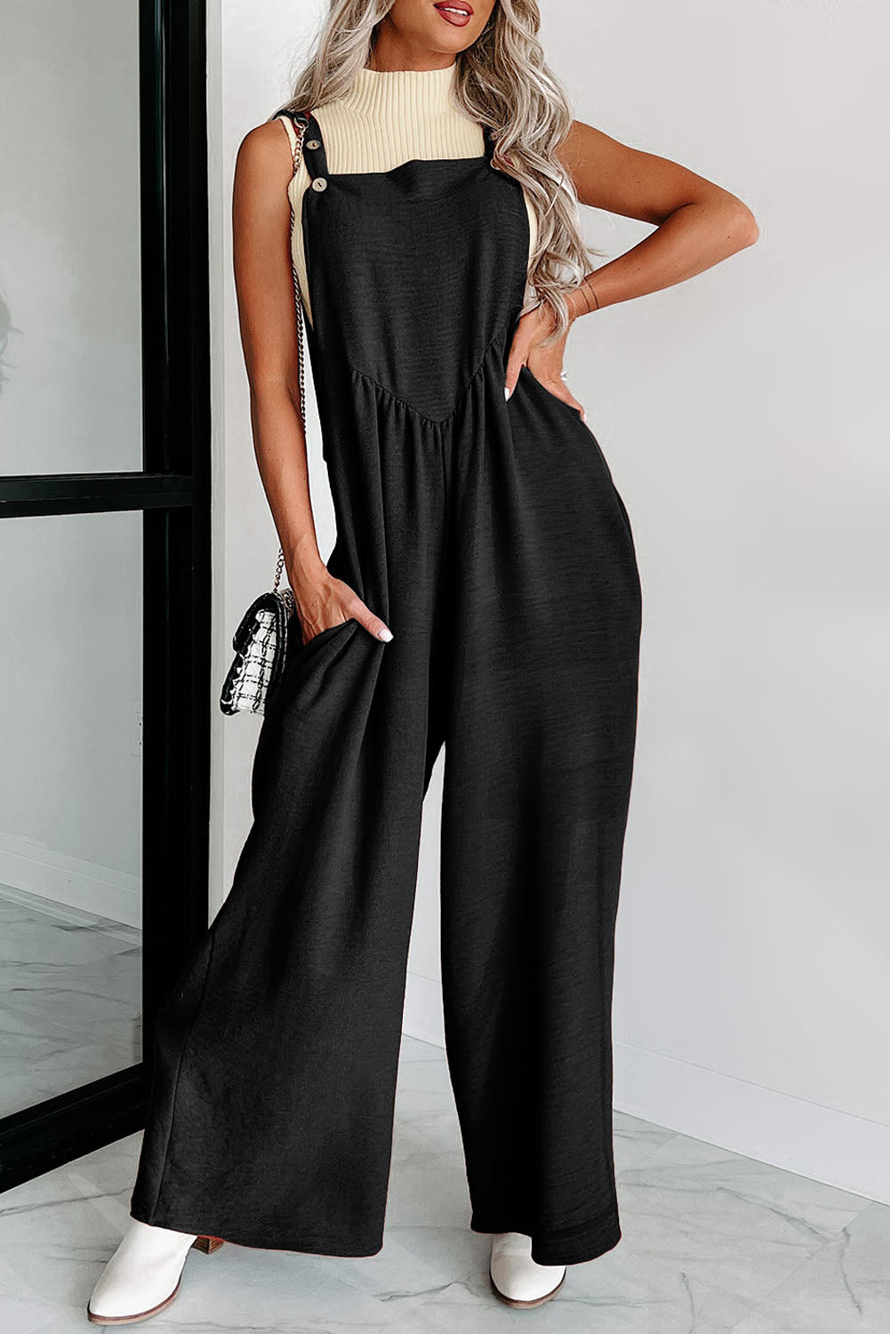 Black Adjustable Straps Ruched Wide Leg Jumpsuit