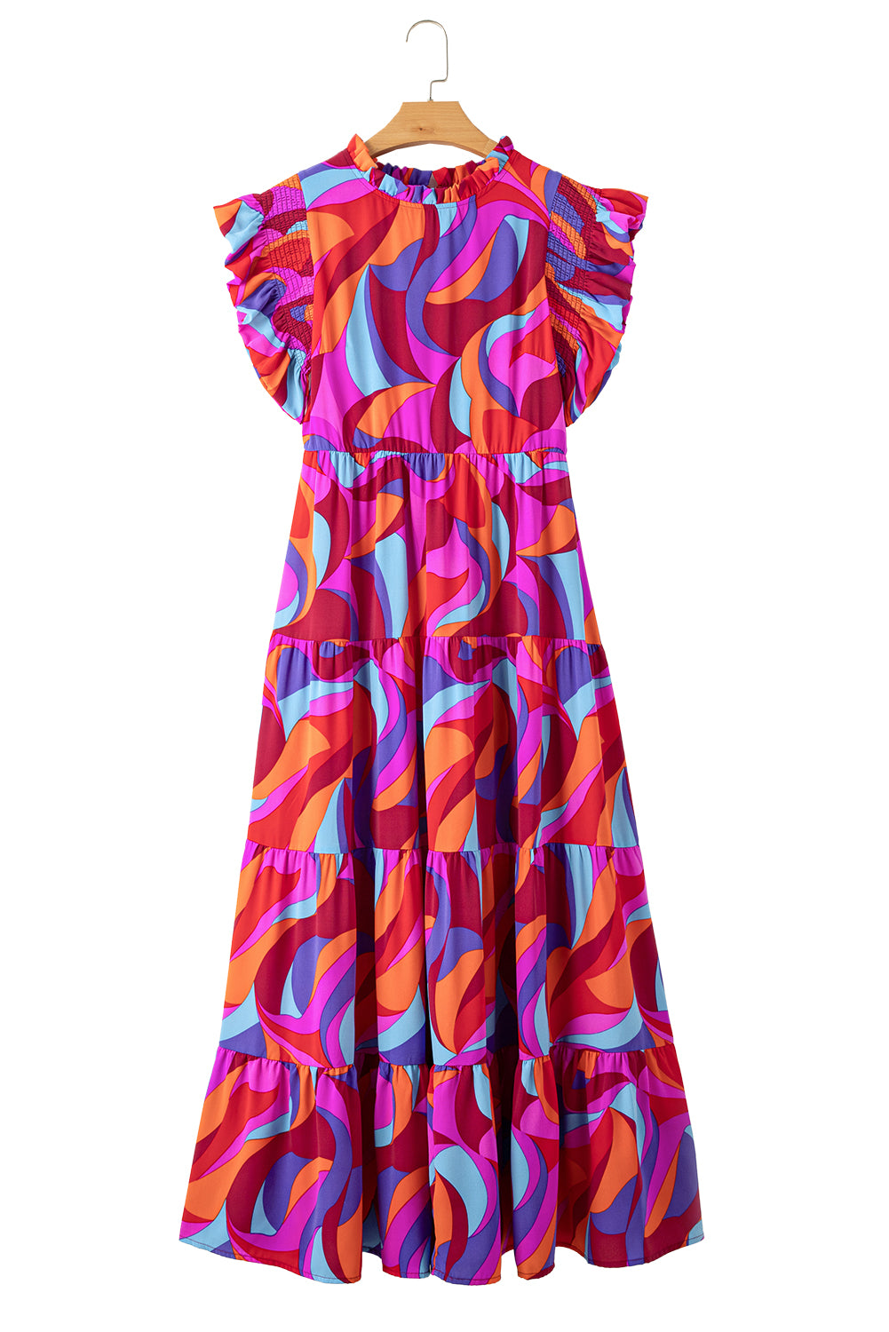 Orange Abstract Print High Waist Ruffle Tiered Maxi Dress