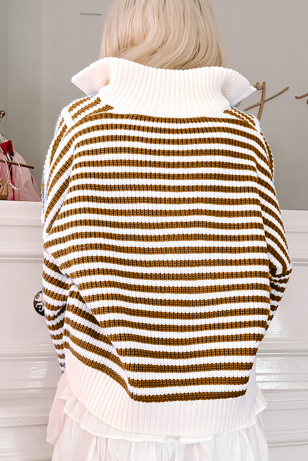 Striped Zip Up Collar Drop Sleeve Sweater