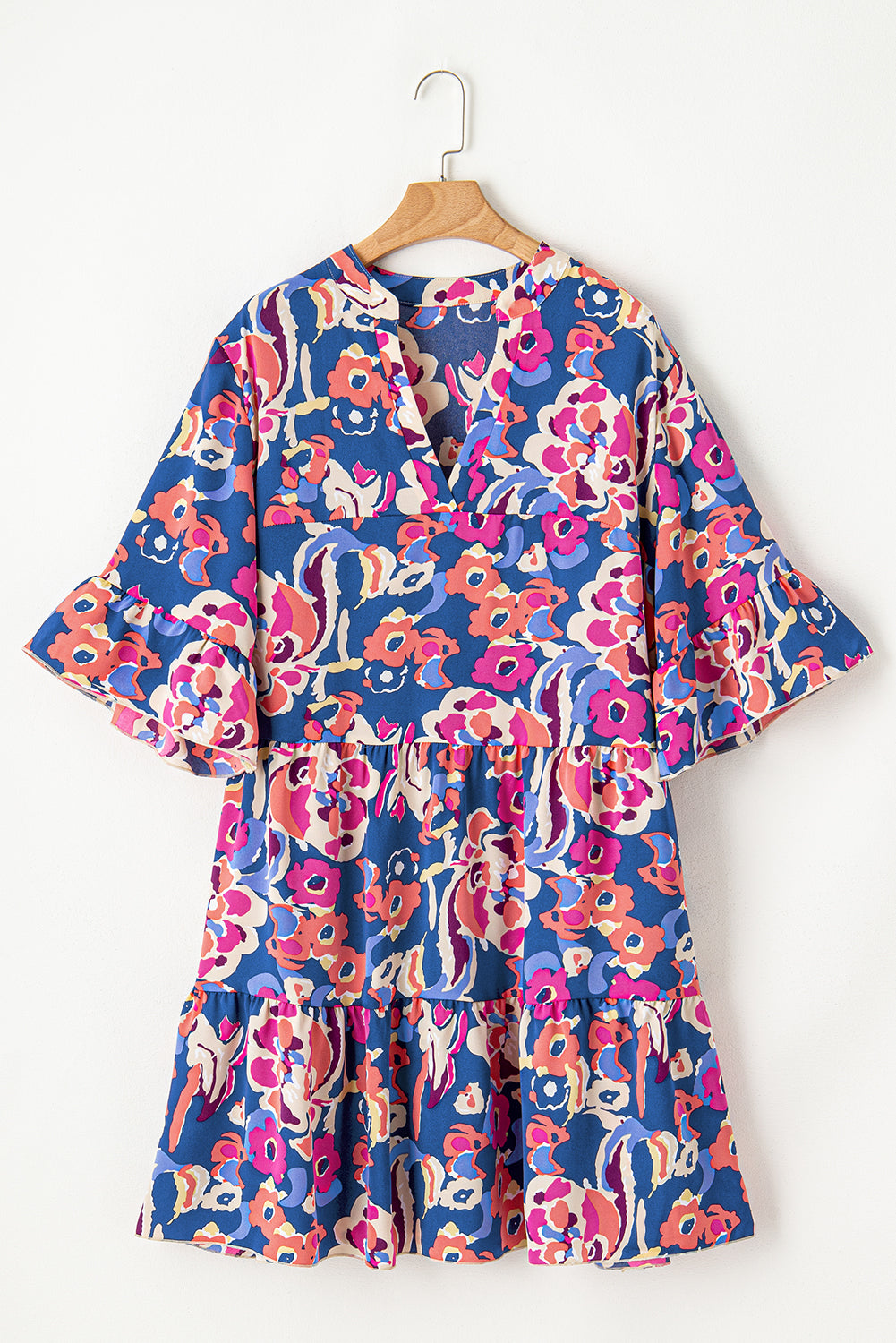 Curvy Blue Floral Print Bell Sleeve Mini Dress