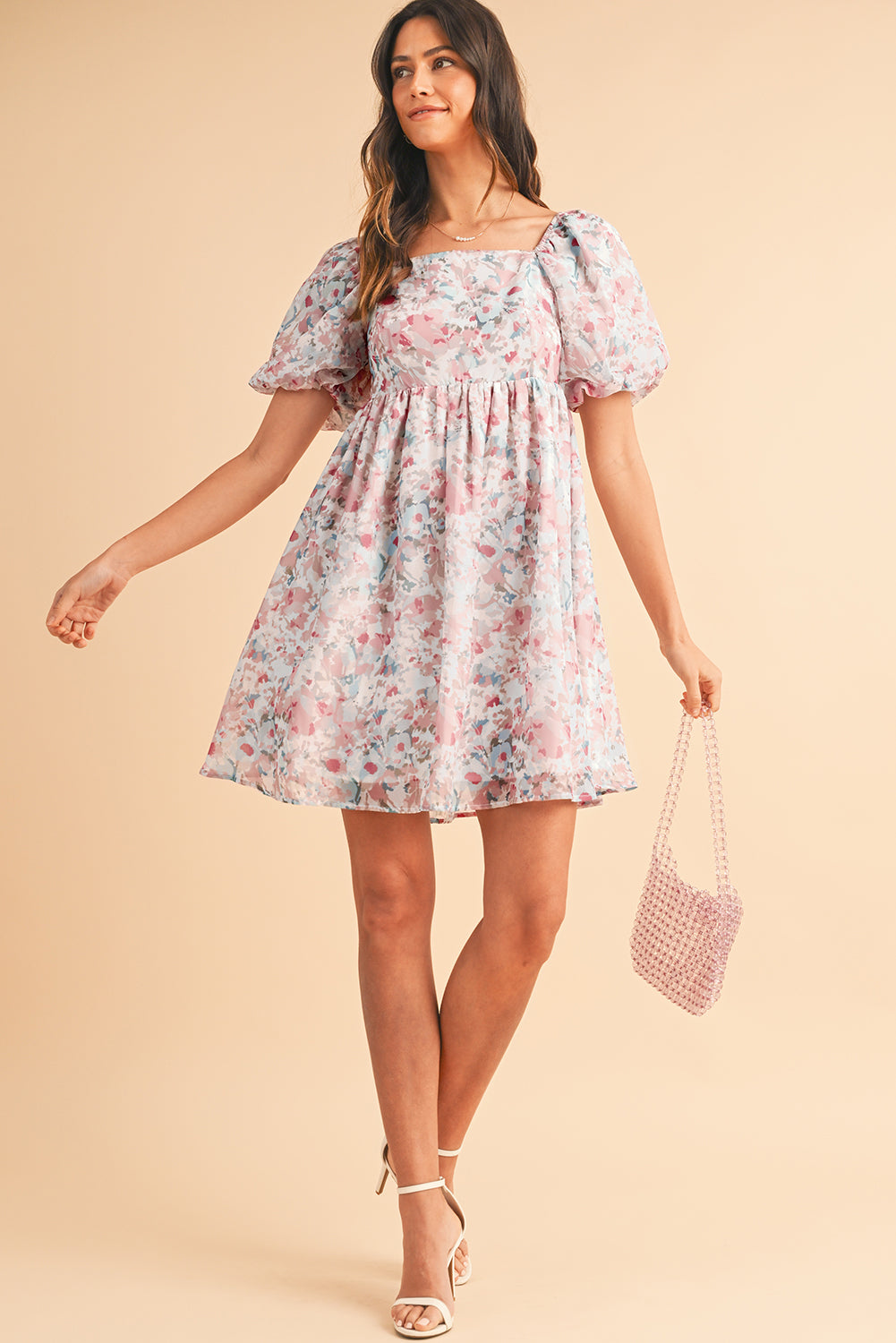 Floral Lantern Sleeve Square Neck Ruffled Mini Dress