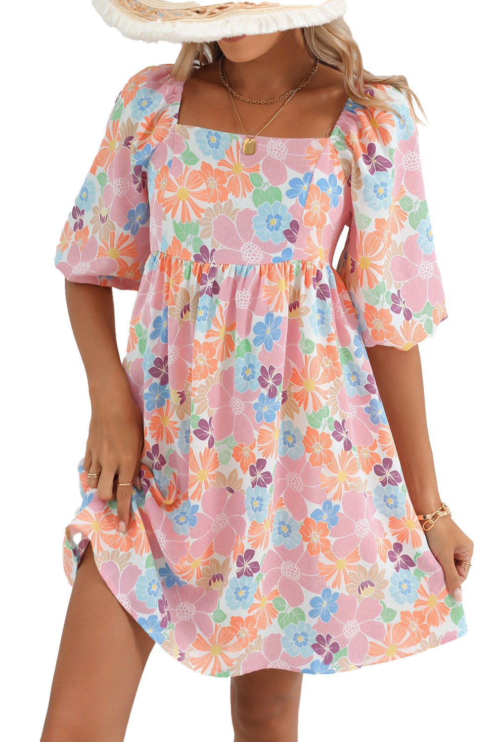 Rose Summer Floral Square Neck Puff Sleeve Babydoll Dress