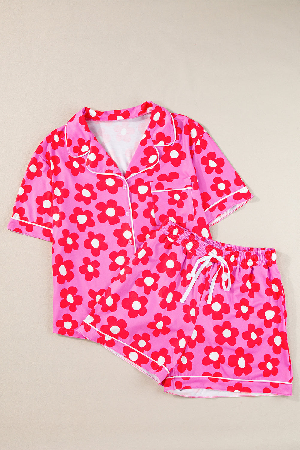 Pink 60s Flower Print Buttoned Shirt and Drawstring Waist Pajama Set