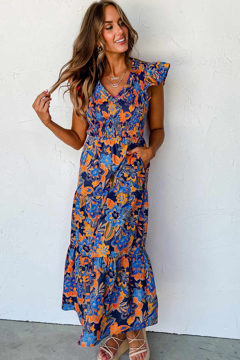 Boho Floral V Neck Ruffle Tiered Long Dress