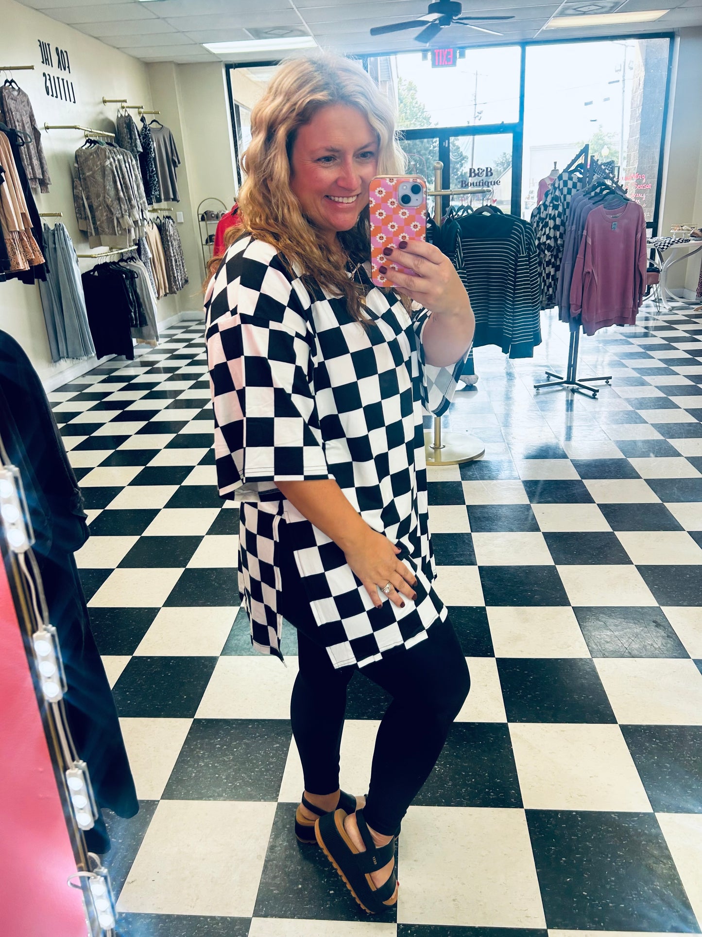 Black/White Checkered Top with slit sides