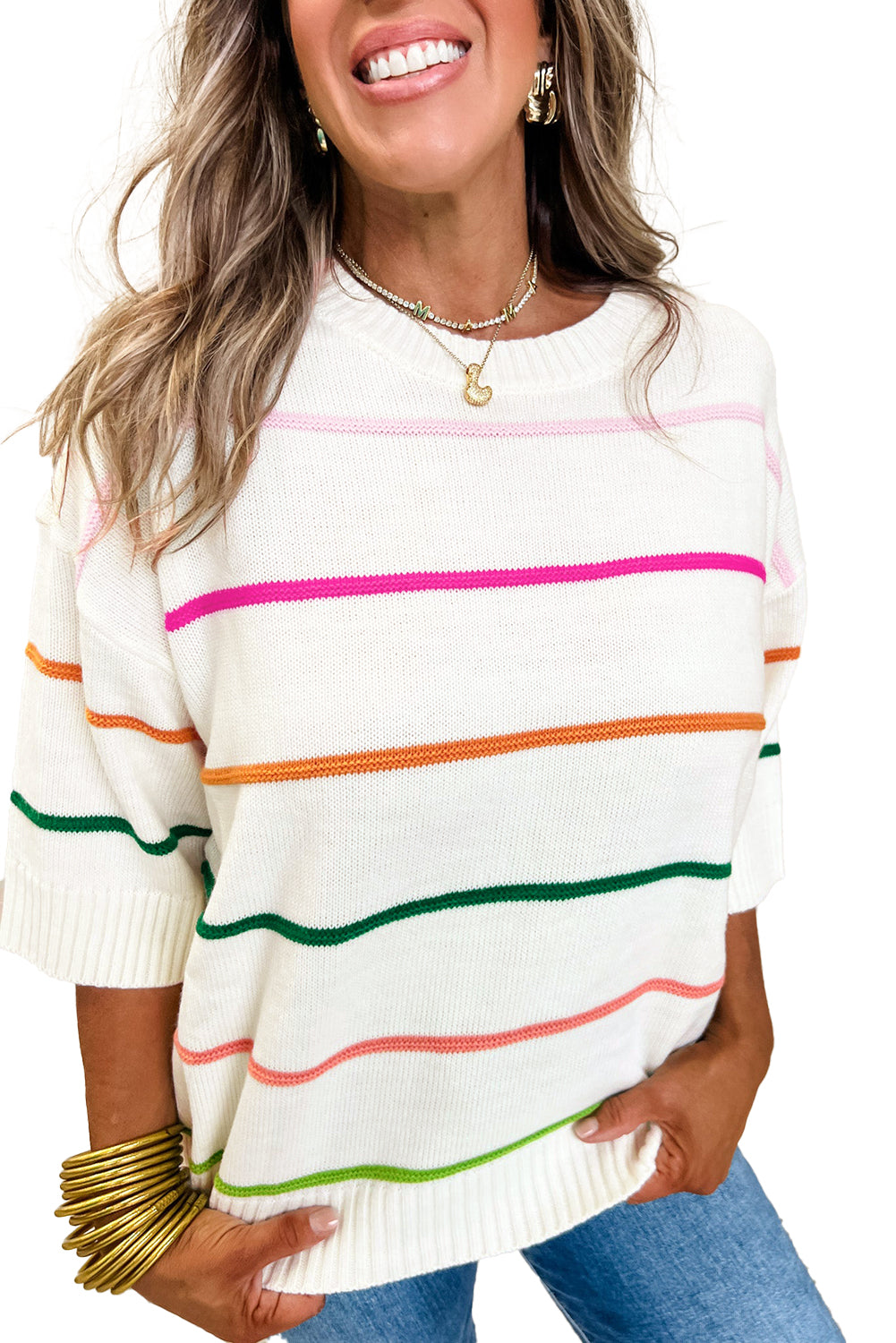 Striped Half Sleeve Drop Shoulder Sweater