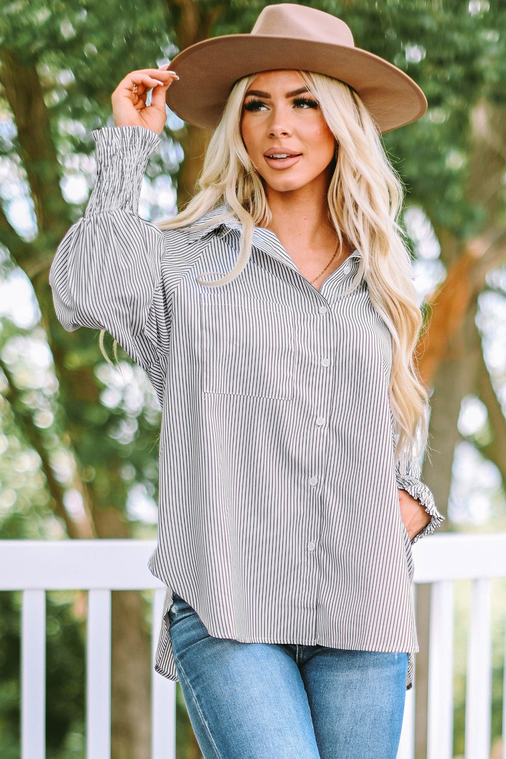 Striped Casual Shirred Cuffs Shirt