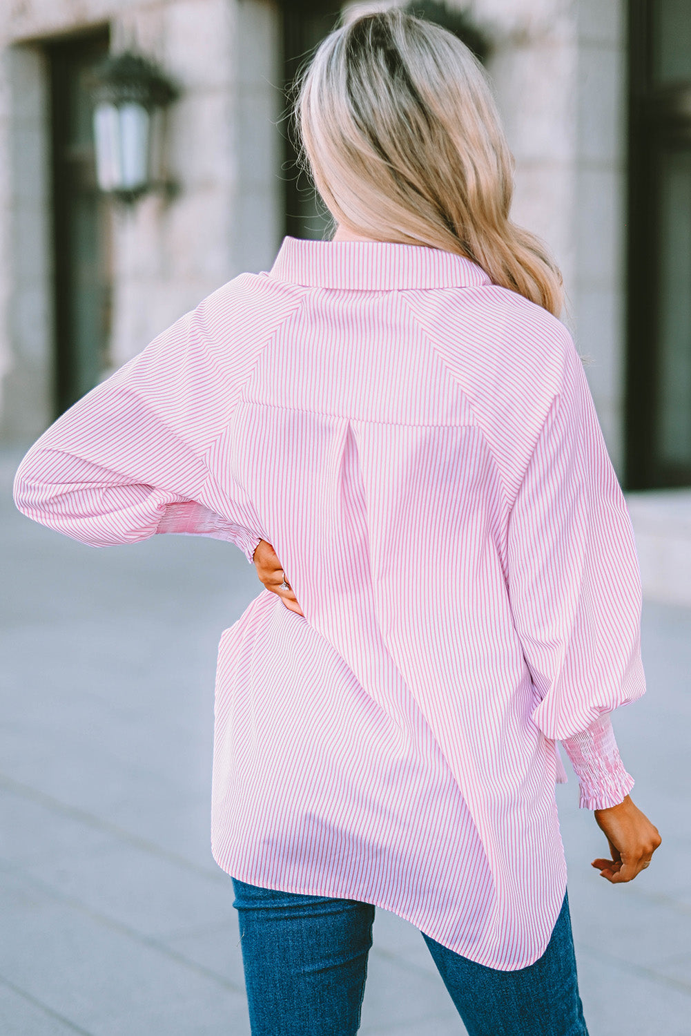 Striped Casual Shirred Cuffs Shirt