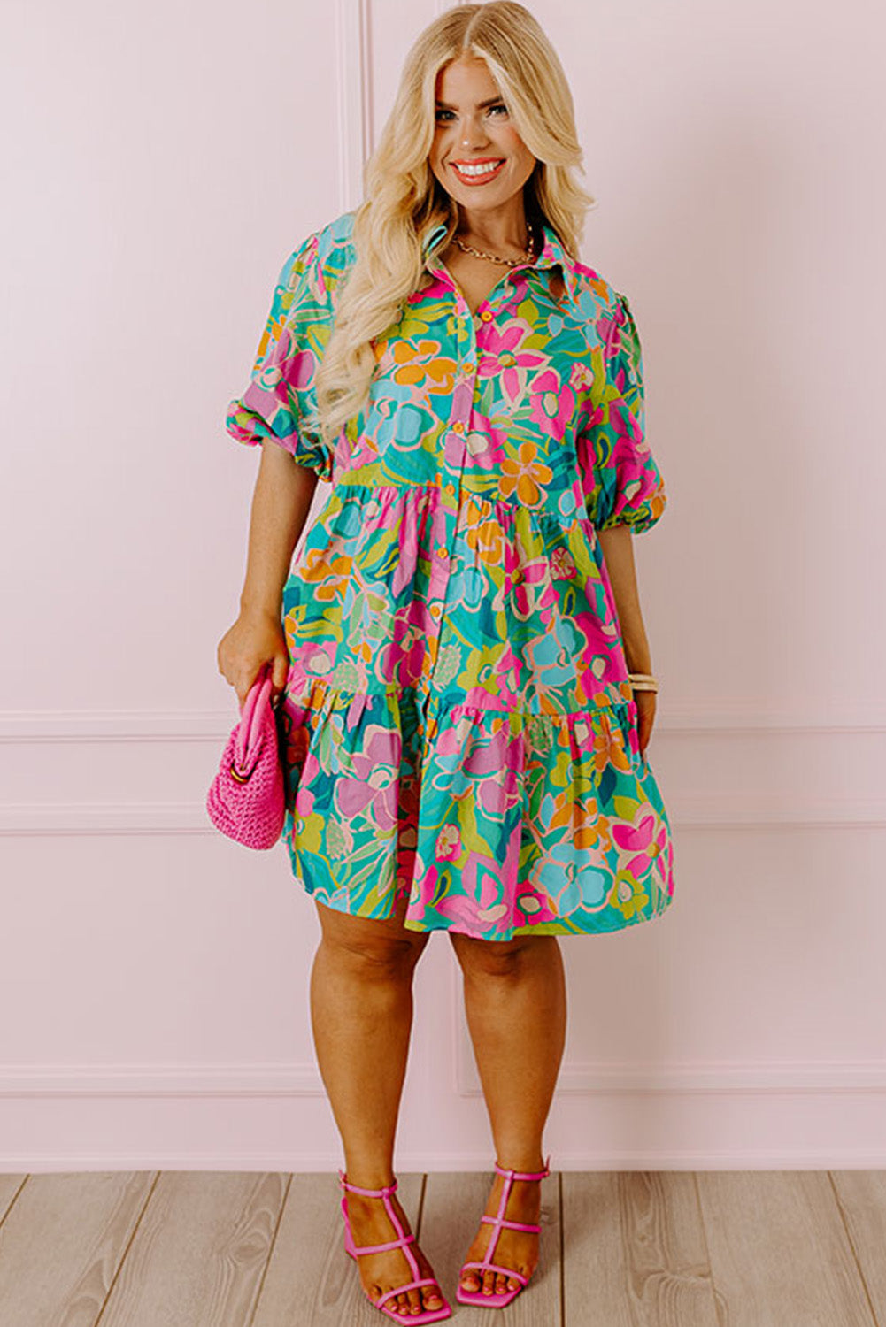 Plus Floral Print Puff Sleeve Tiered Shirt Dress