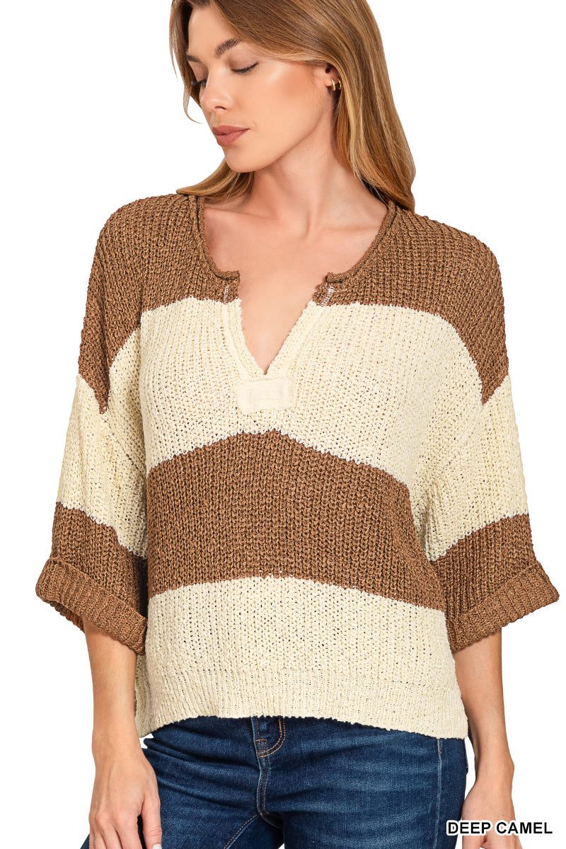 ZENANA SPLIT NECK STRIPE SWEATER