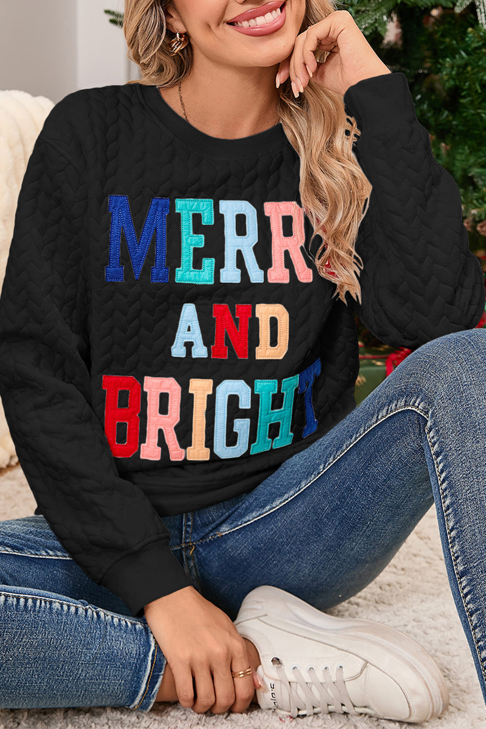 Blackish Green Merry And Bright Quilted Sweatshirt