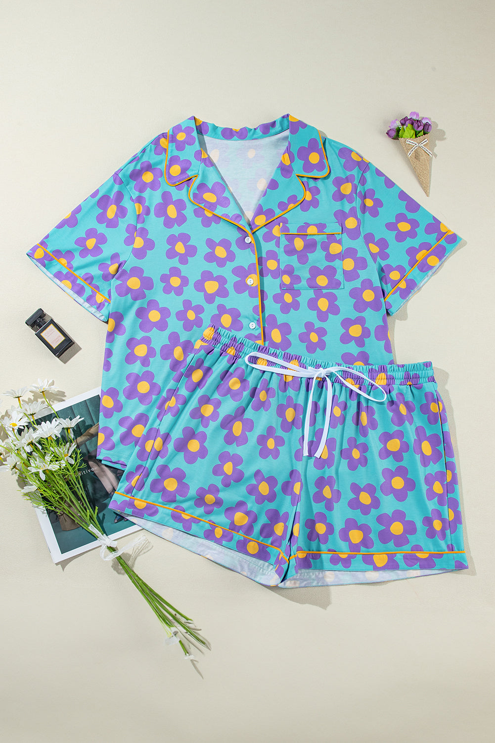 Curvy Sky Blue Cute Flower Print Contrast Trimmed Short PJ Set