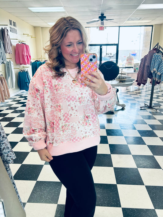 Oversized Patchwork Floral Crewneck Sweatshirt