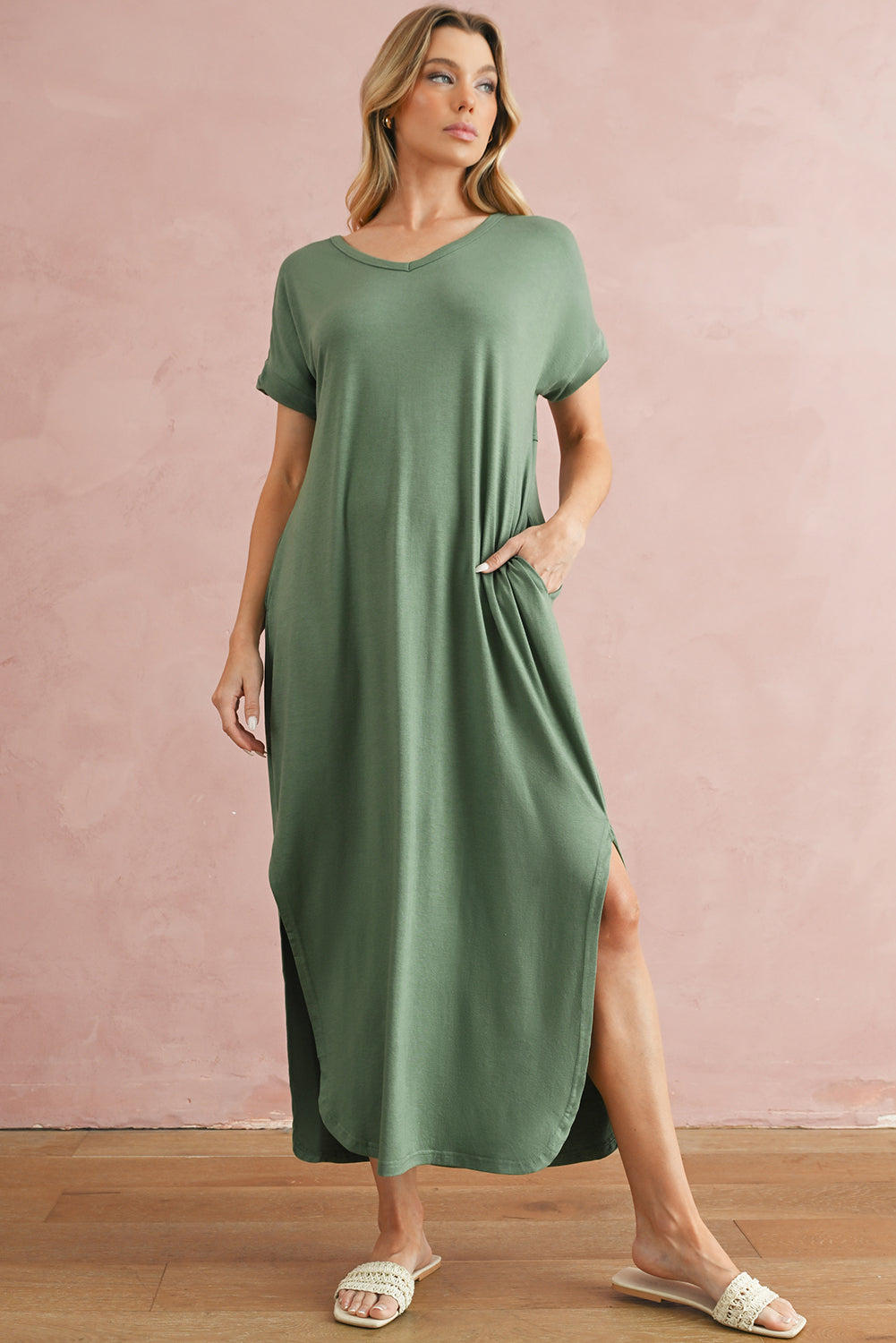 Solid Color Hidden Pocket V Neck Slit Maxi Dress