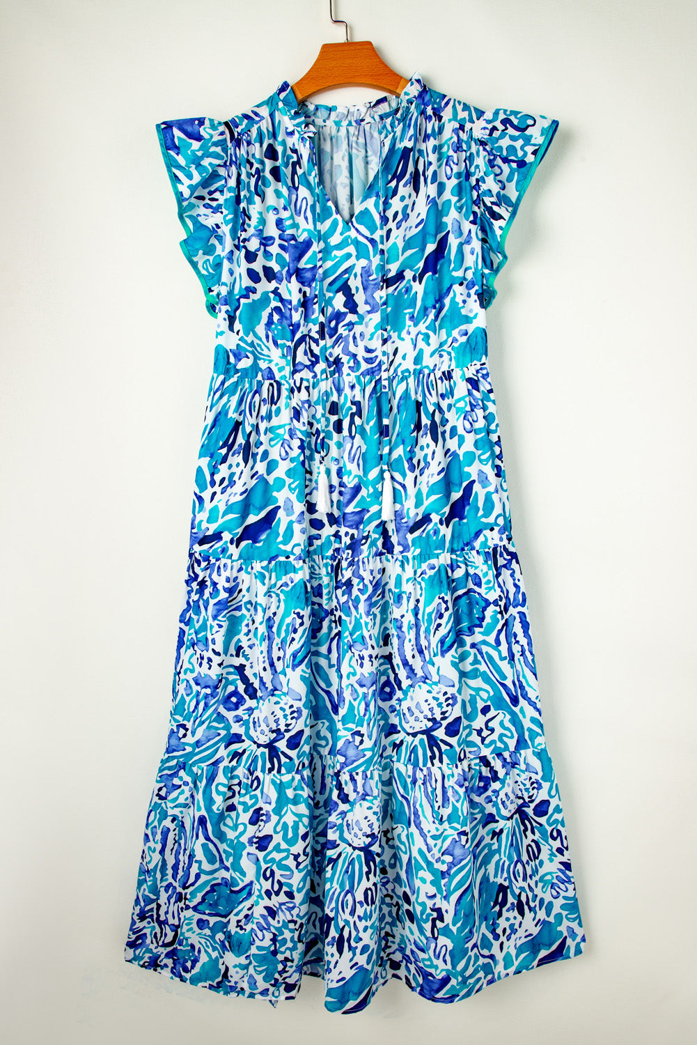 Sky Blue Abstract Print Split Neck Ruffle Tiered Dress