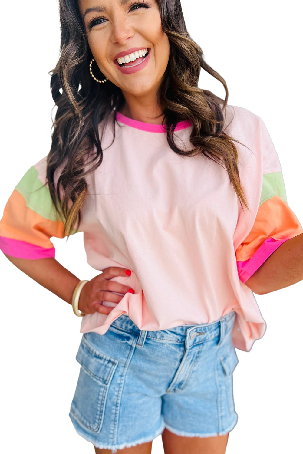 Pink Color Block Sleeve Round Neck Oversize Top-ETA Ship Date 5/23