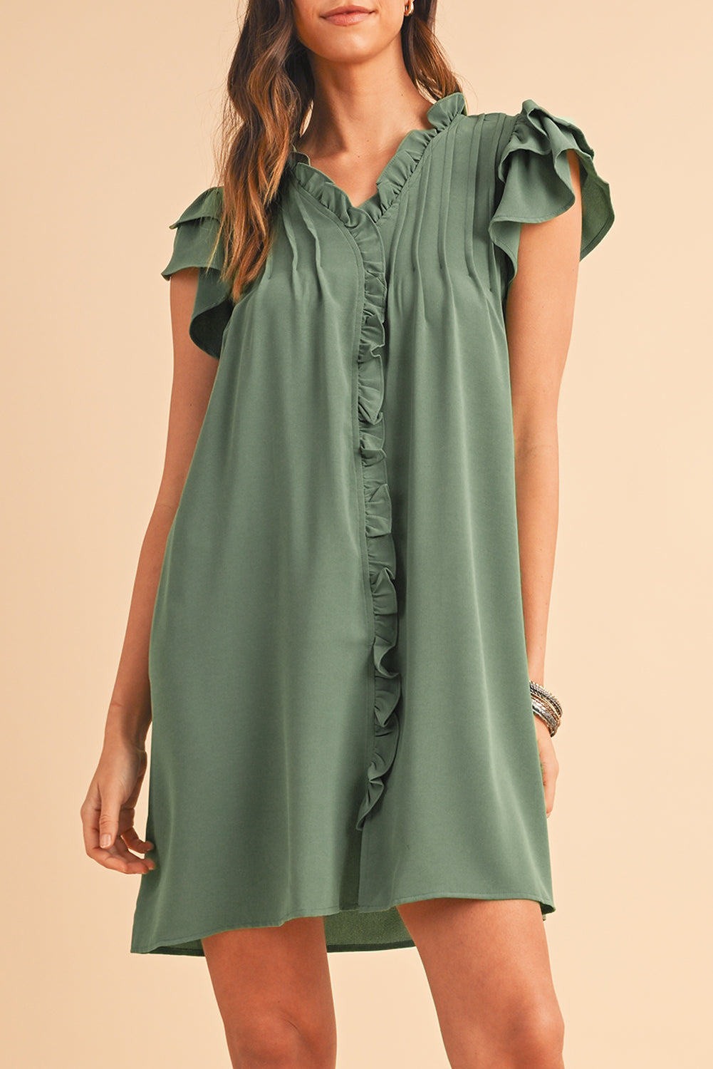 Mist Green Ruffle Trim Sleeve V Neck Pocketed Mini Dress