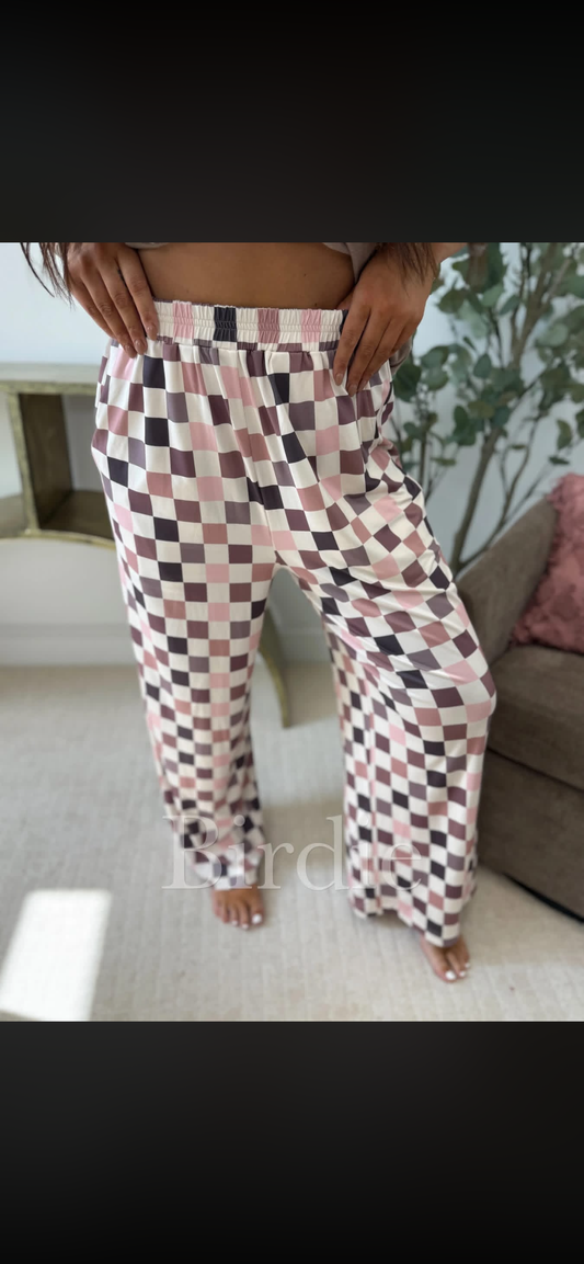 BIRDIE PREORDER Flowy Wide-Leg Pants in Mulled Berry Checkered