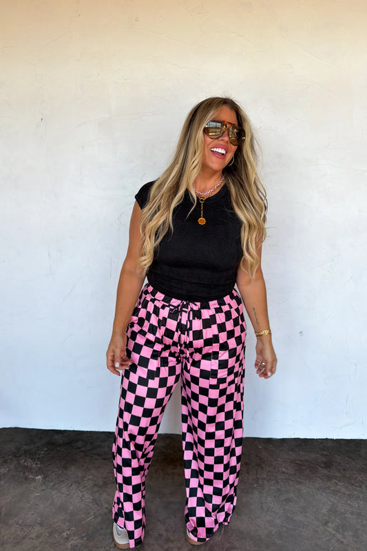 PREORDER- HADDIE WIDE LEG PINK/BLACK CHECKERED PANTS