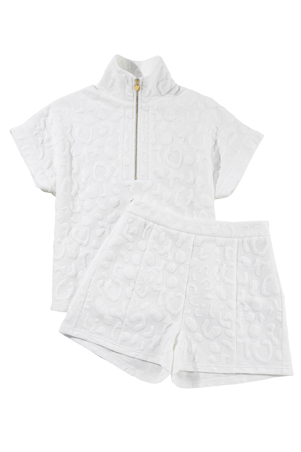 White Plain Leopard Jacquard Quarter-Zip Tee and Shorts Set