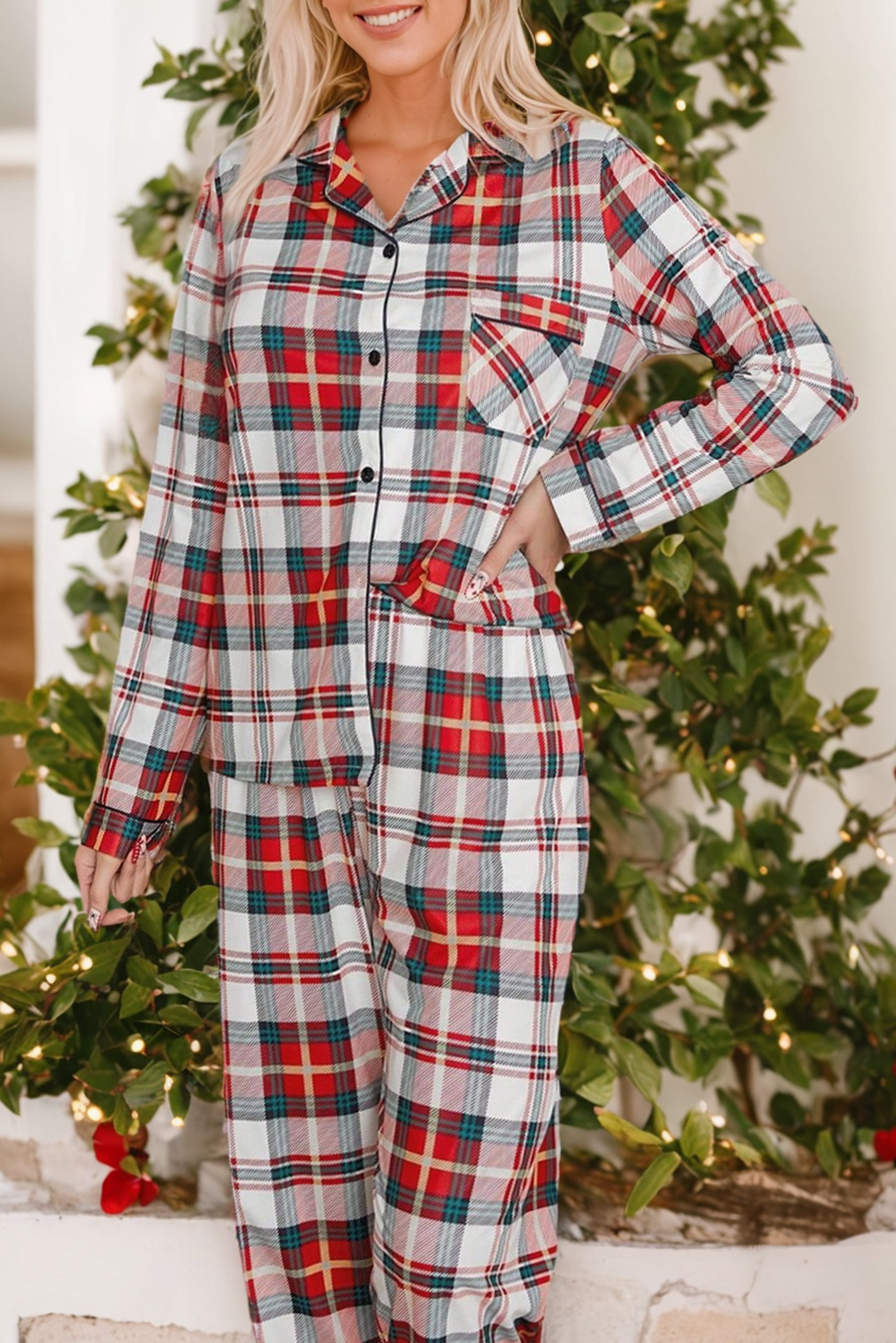 Red Christmas Plaid Long Sleeve Shirt and Pants Pajama Set