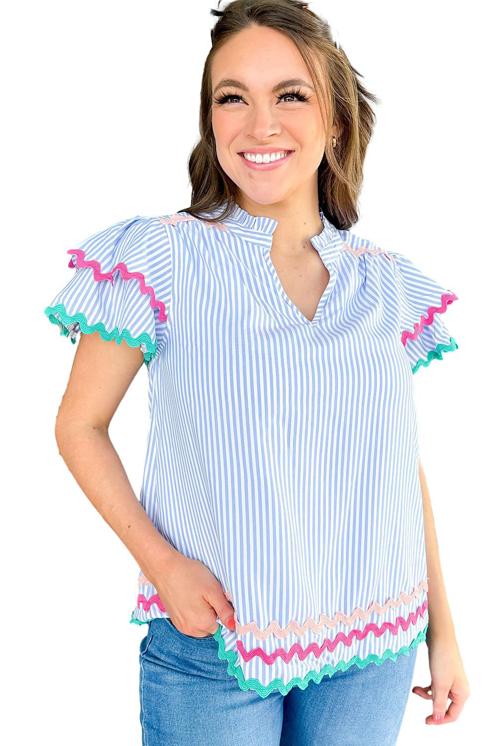 Wholesale Pink Striped Ricrac Splicing Frill V-Neck Blouse