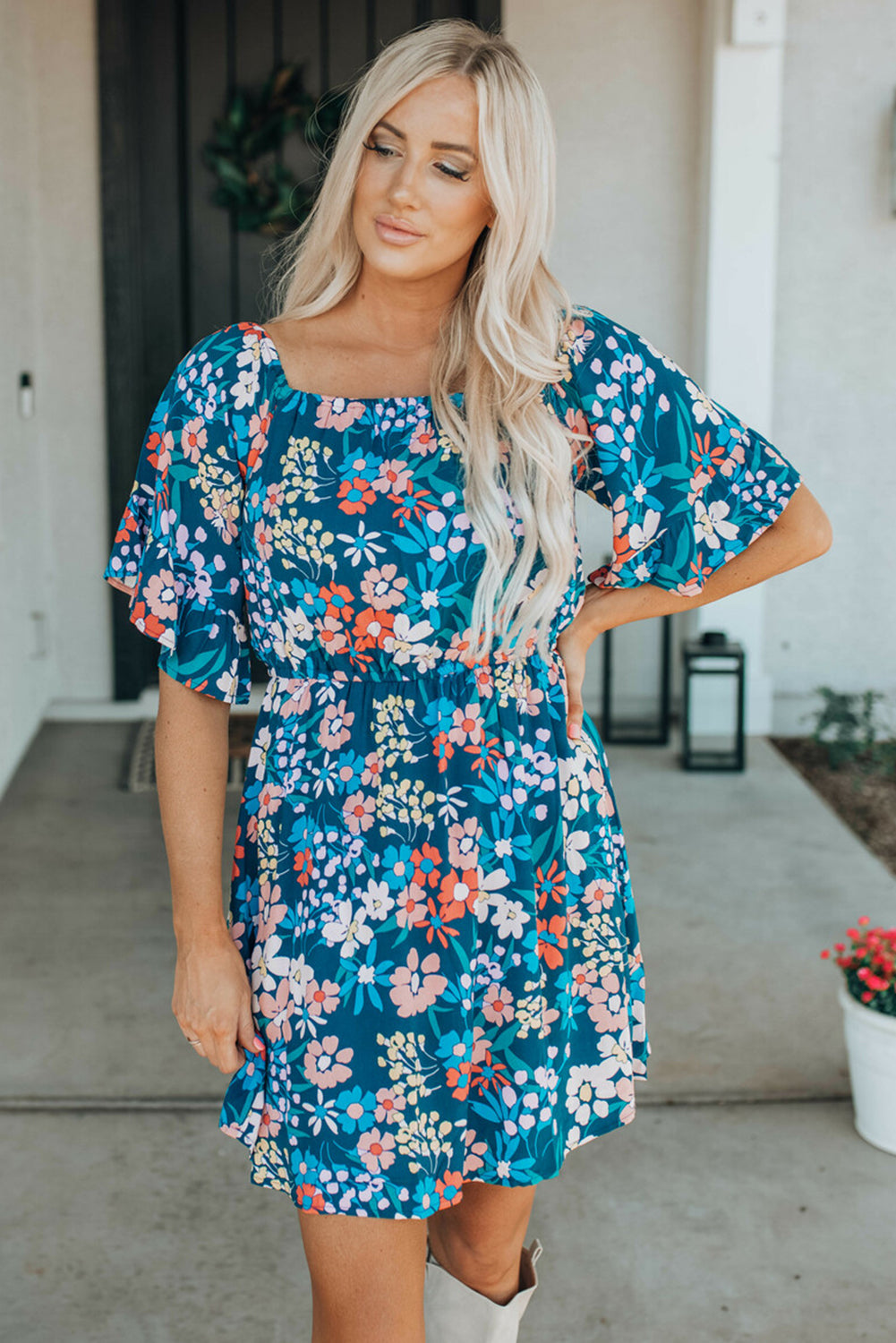 Bohemian Floral Print Off Shoulder Short Dress