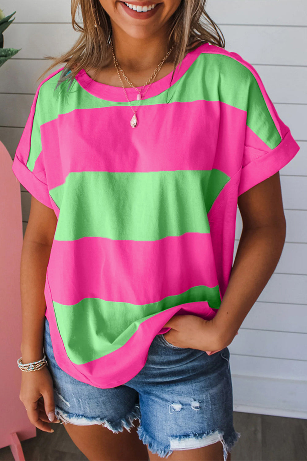 Rose & Blue Colorblock Exposed Seam Tee