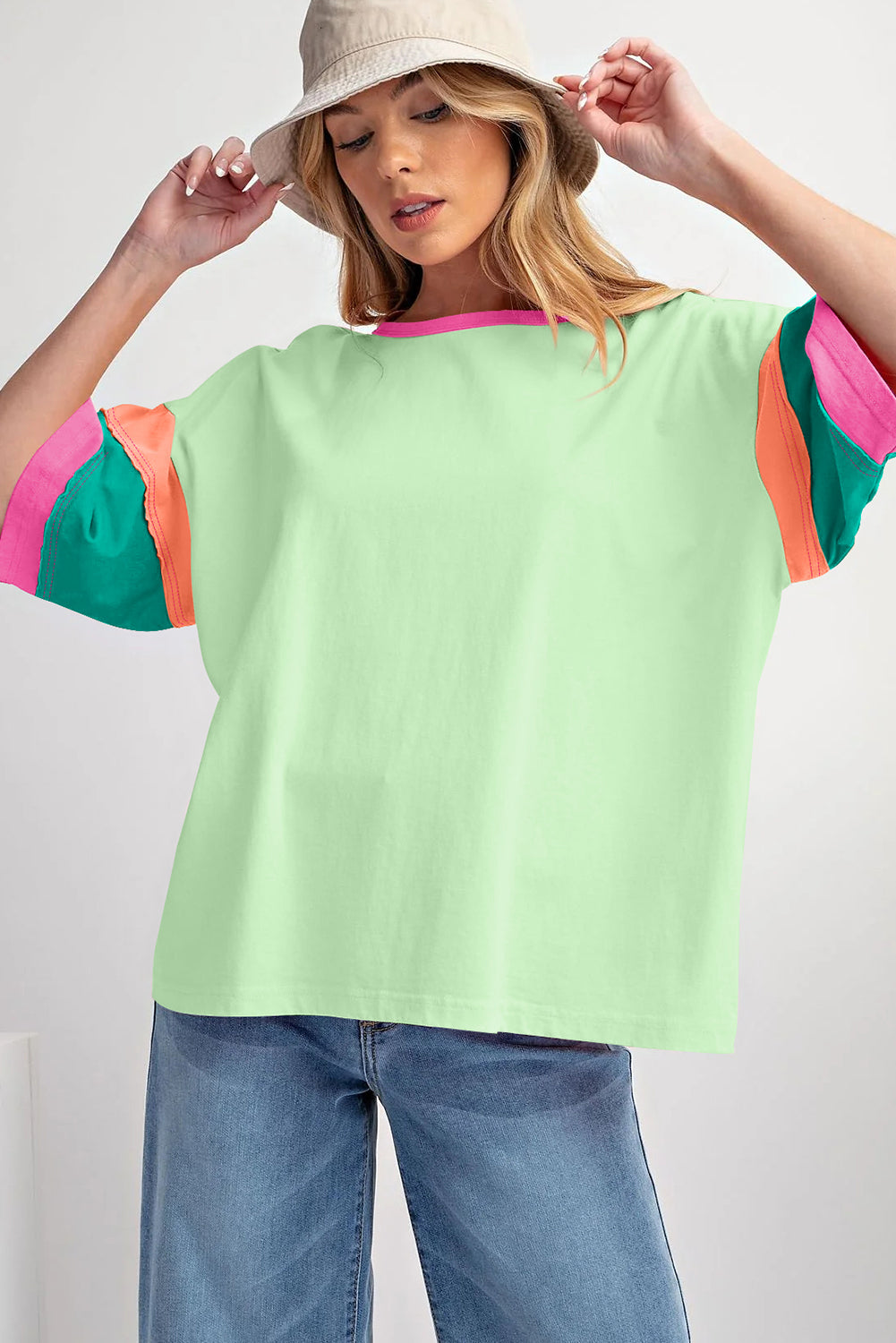 Pink Color Block Sleeve Round Neck Oversize Top-ETA Ship Date 5/23