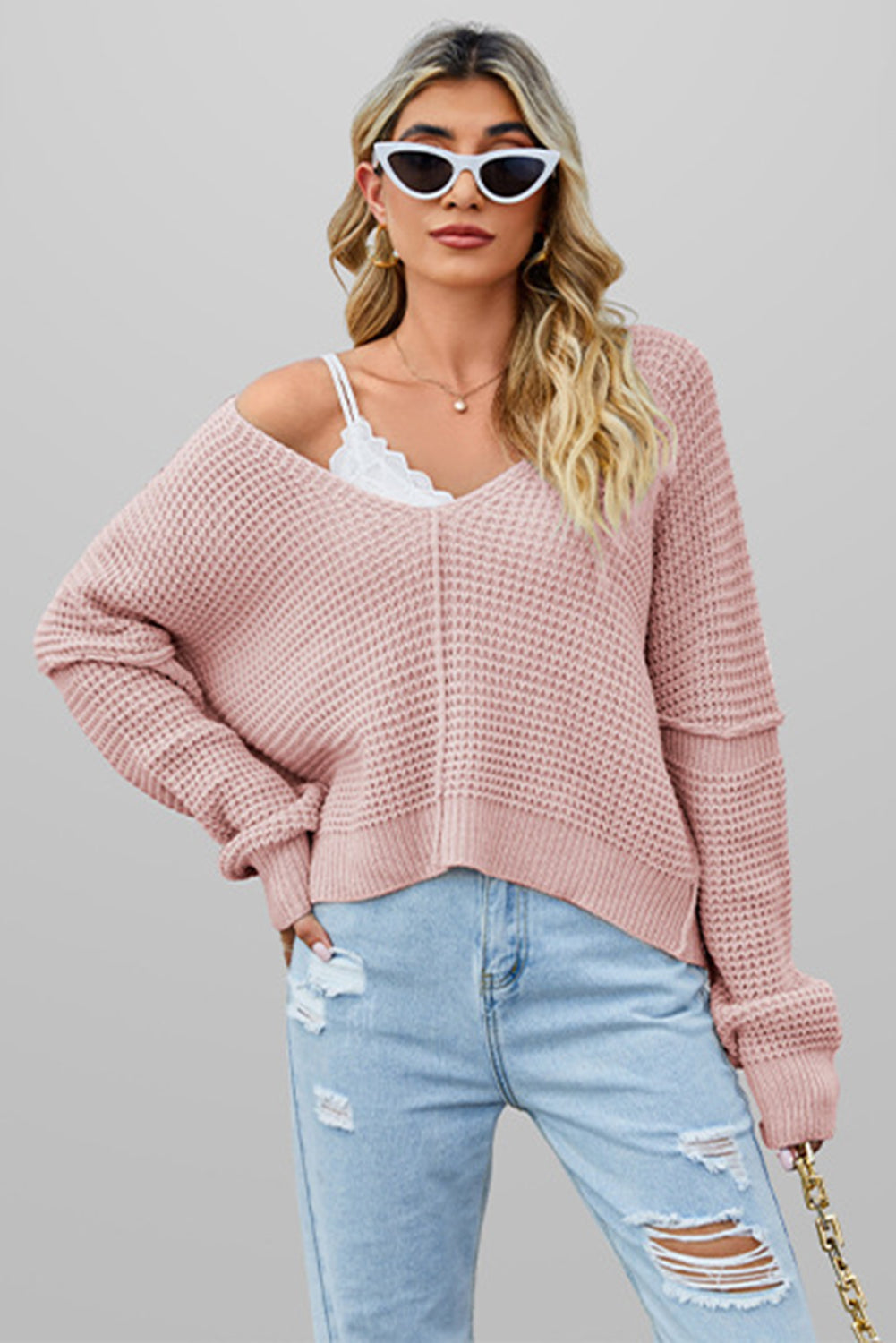 Waffle Knit V Neck Sweater