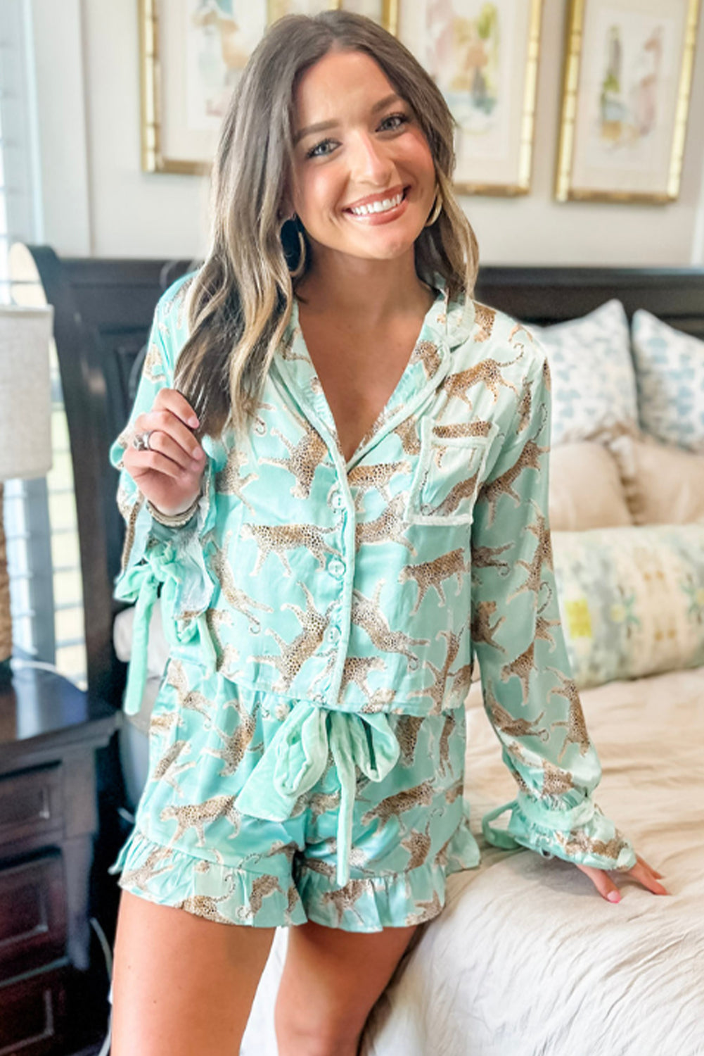 Leopard Satin Ruffle Hem Pajama Set