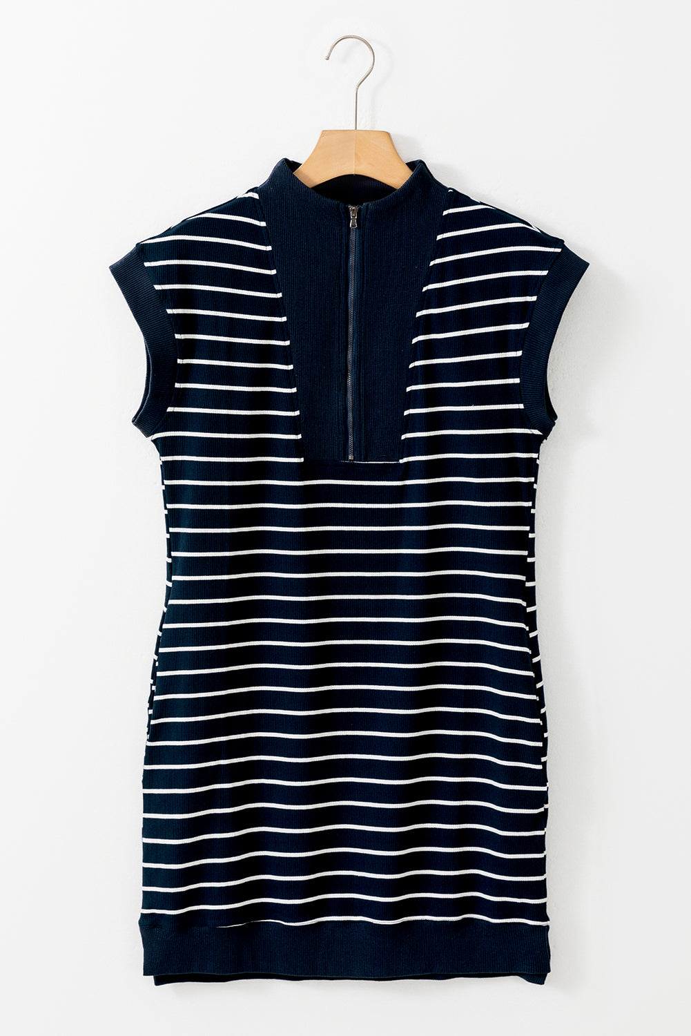 Striped Zip Collar Patchwork Ribbed Mini Dress