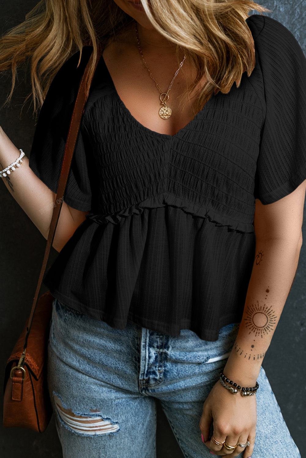 Shirred V Neck Short Flutter Sleeve Textured Blouse