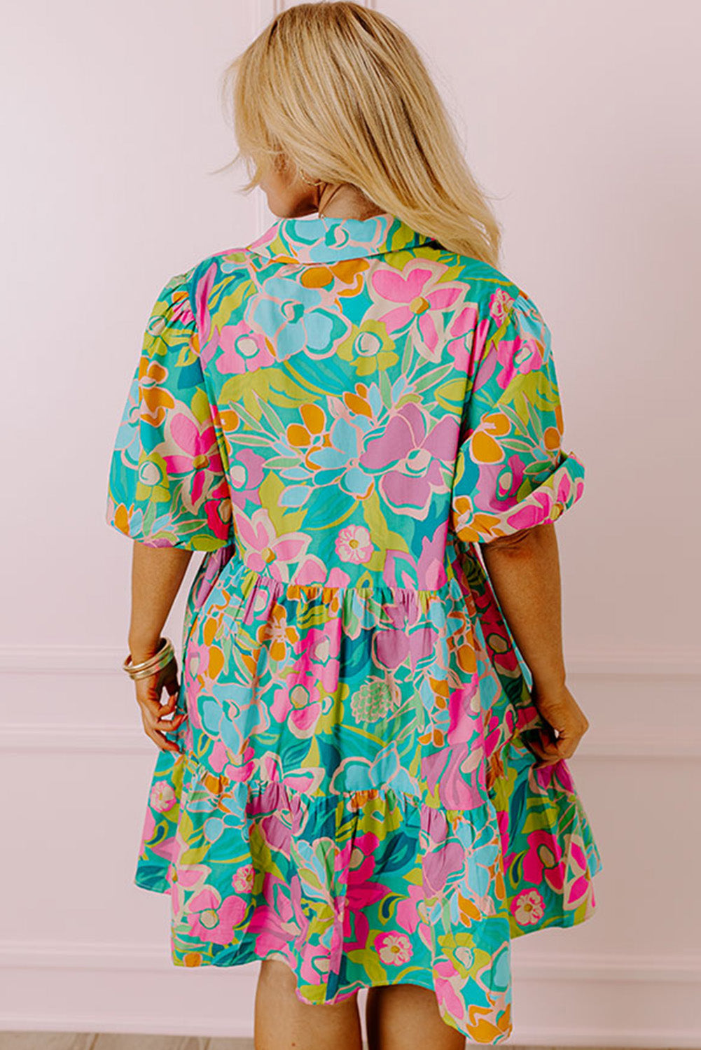 Plus Floral Print Puff Sleeve Tiered Shirt Dress