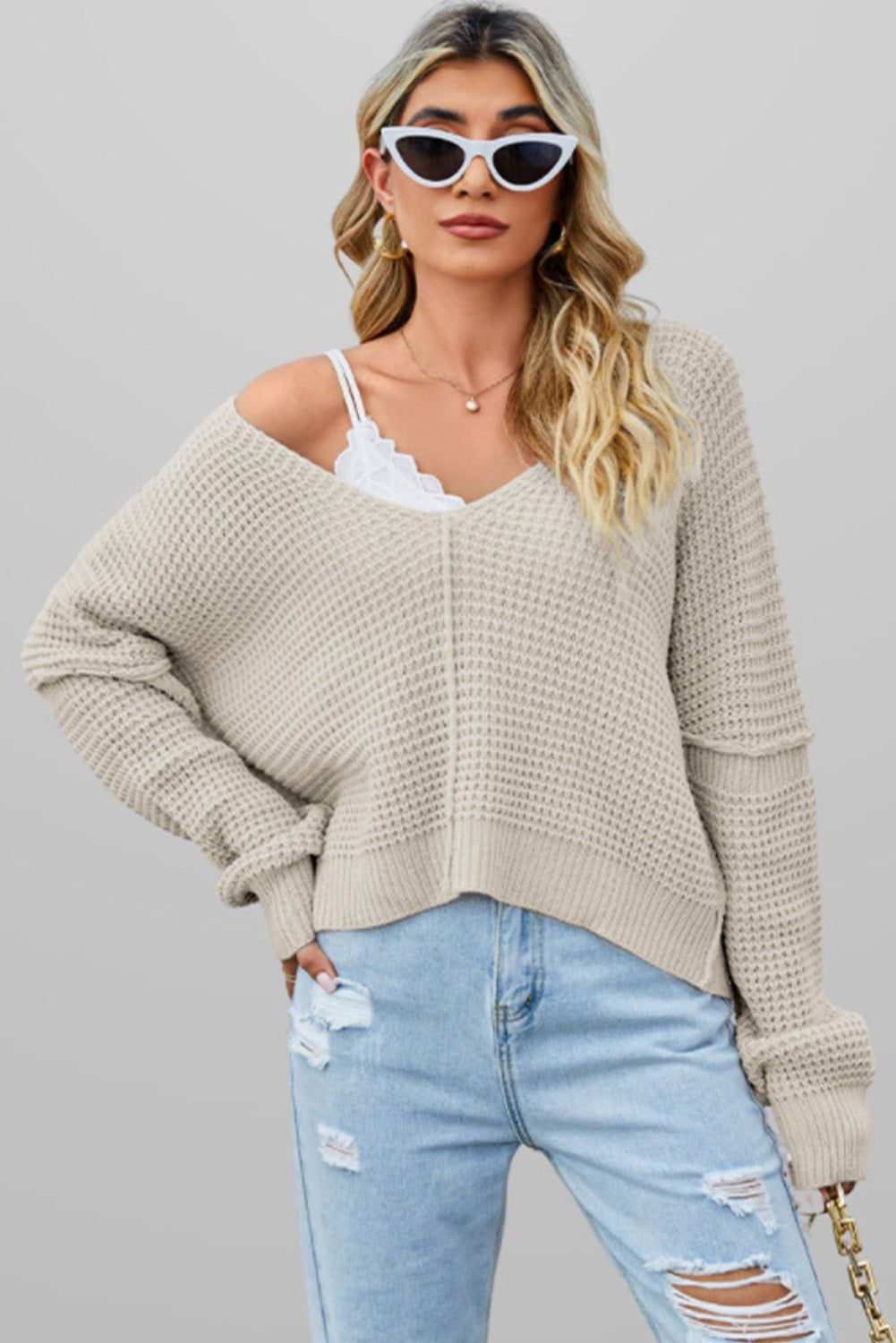 Waffle Knit V Neck Sweater