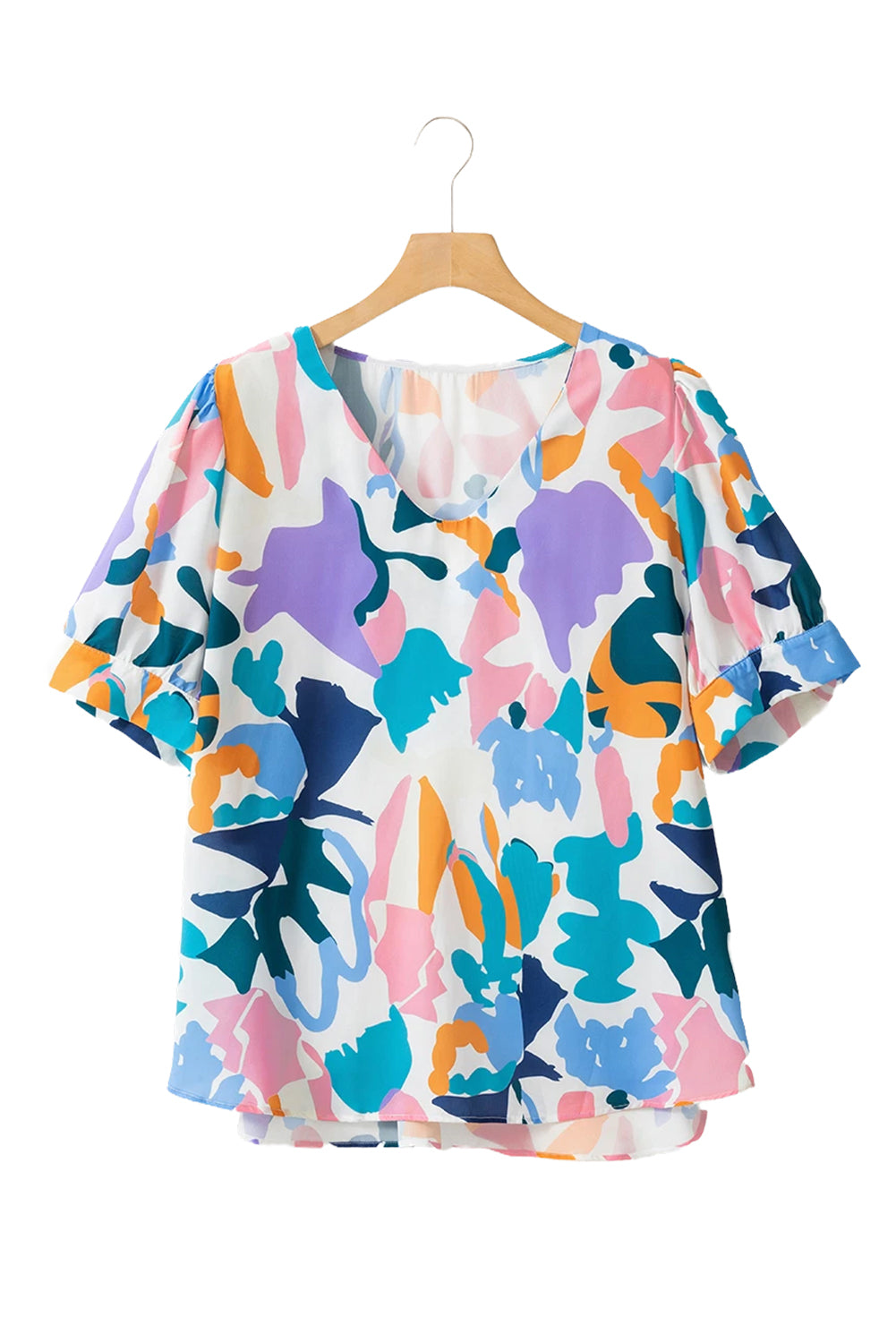 Sky Blue Plus Abstract Print Puff Short Sleeve V Neck Top