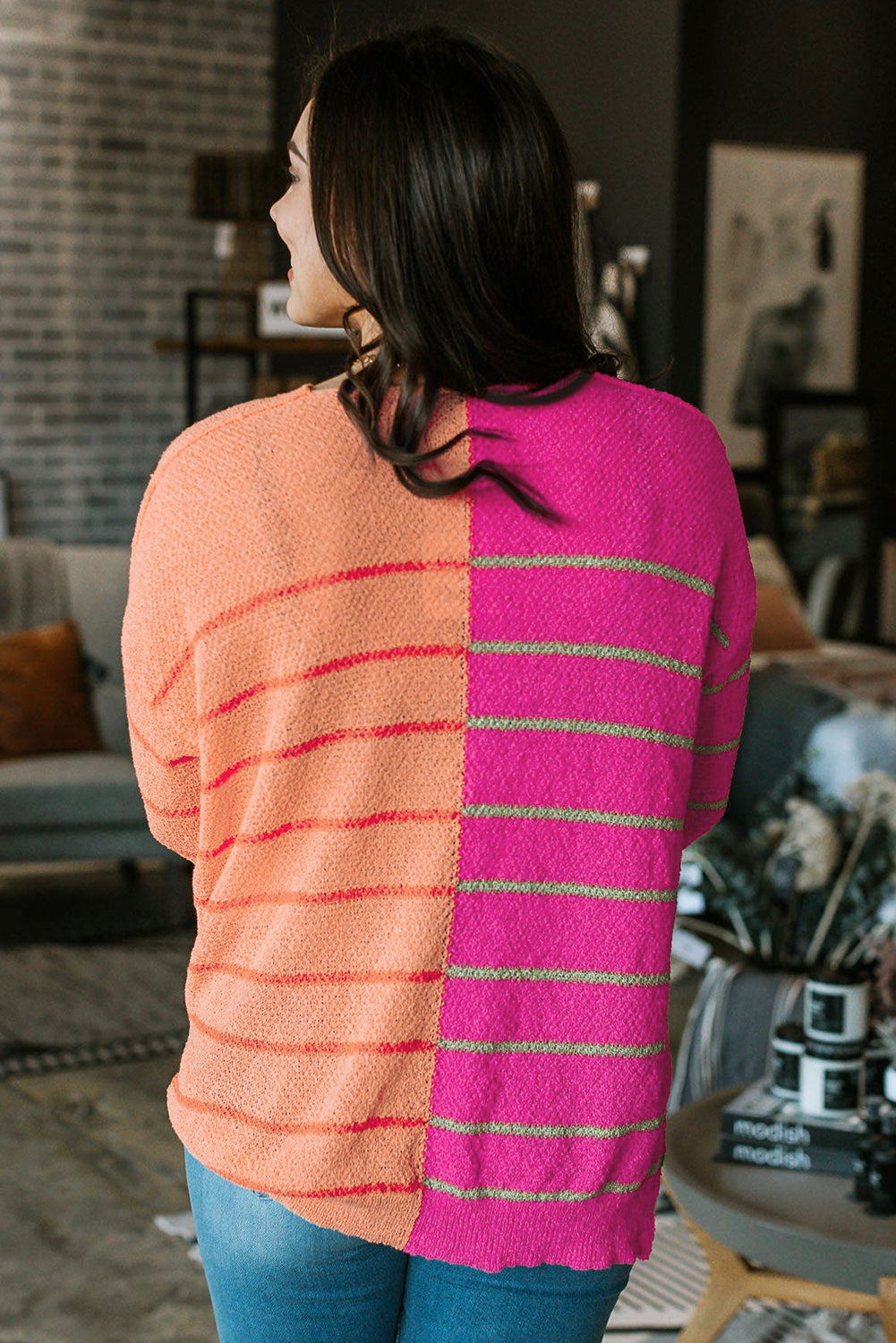 Yellow PColor Block Striped Knit Sweater