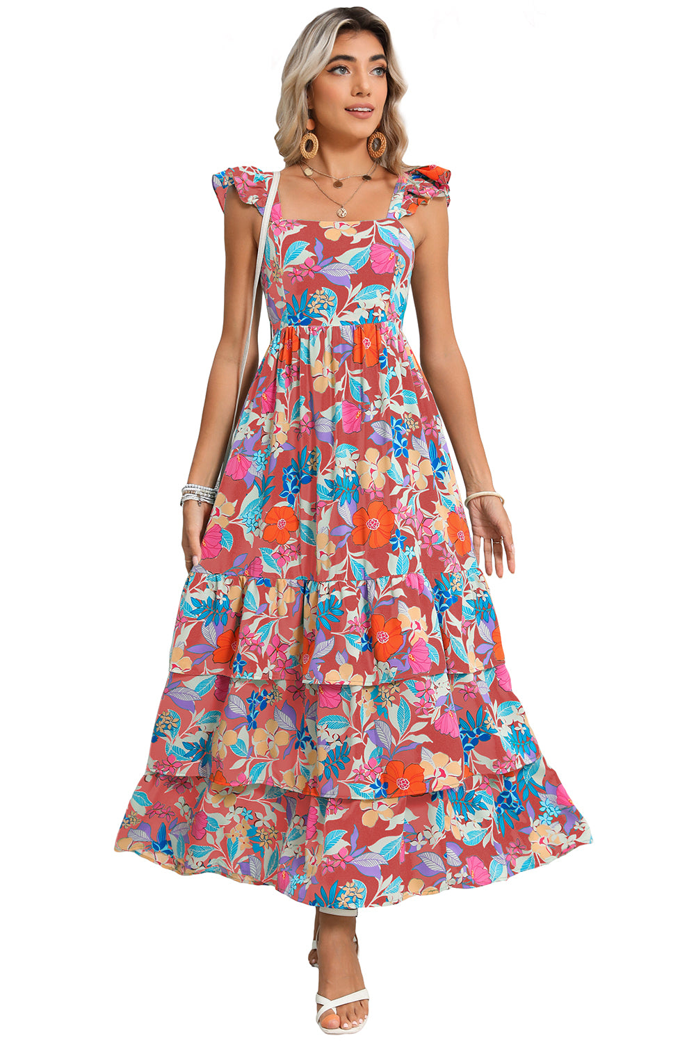 Boho Floral Print Ruffle Sleeveless Tiered Maxi Dress