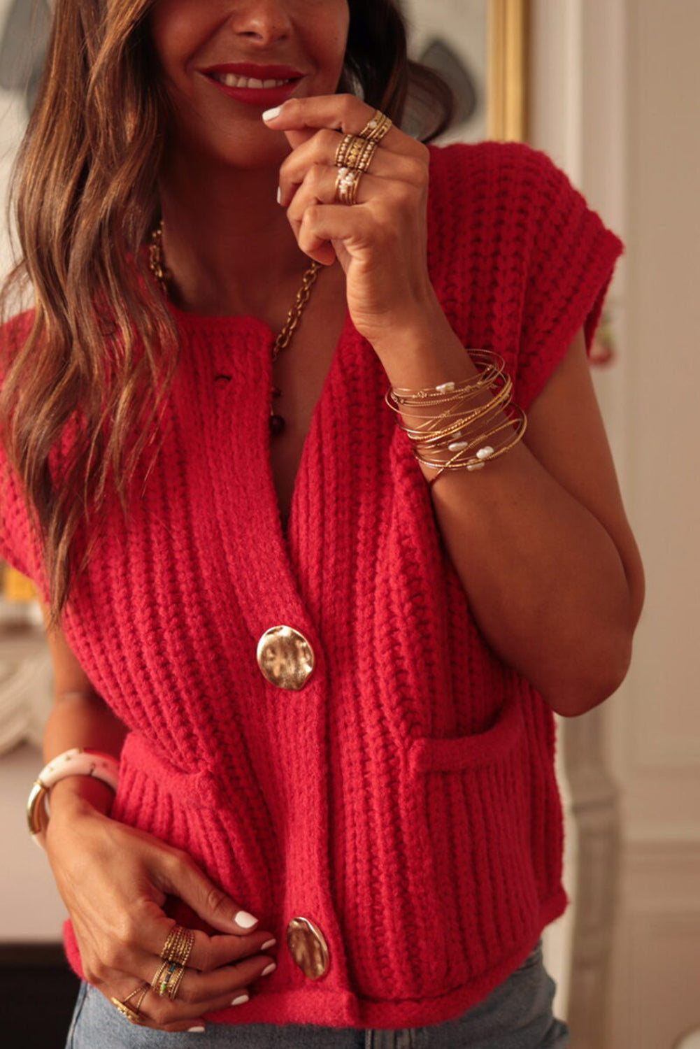 Fiery Red Solid Textured Knit Side Pockets Buttoned Sweater Vest